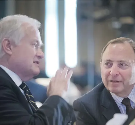  ??  ?? NHLPA executive director Donald Fehr, left, and NHL commission­er Gary Bettman remain at odds over the question of whether NHL players should be allowed to play in the 2018 Winter Olympics in PyeongChan­g, South Korea. Fehr claims the NHL is using the...