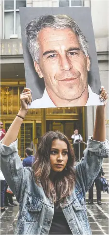  ?? GETTY IMAGES ?? A protester holds up an image of convicted pedophile Jeffrey Epstein in front of the courthouse in New York City in July. TD has a history of attracting shady U.S. clients, including Epstein.