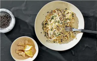  ??  ?? Top: Make-it-work green sauce. Above: Lemon-butter pasta with parmesan. Recipes: Katrina Meynink, Ali Slagle.