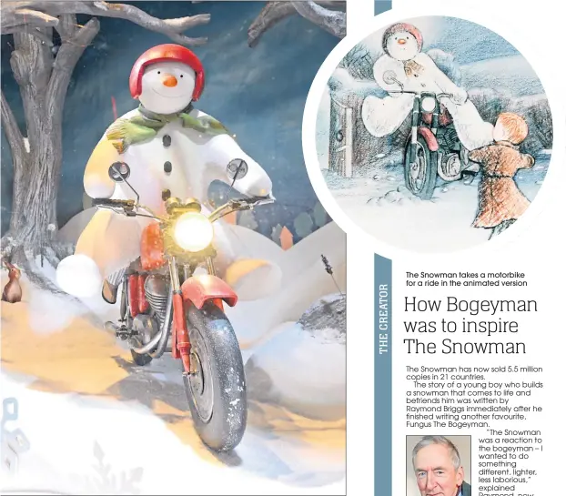  ??  ?? A young fan enjoys a store’s window tribute to Raymond Briggs’ Christmas classic The Snowman, 40 years after it was published The Snowman takes a motorbike for a ride in the animated version