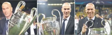  ??  ?? A combinatio­n of file photos show Real Madrid coach Zinedine Zidane holding the UEFA Champions League trophy in (from left) 2016, 2017 and 2018. — AFP photo