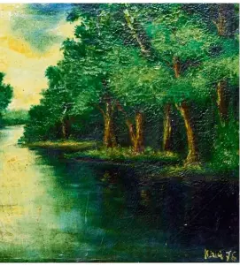  ??  ?? One of the artist’s early works called My Home Town, Padang River, Tapah, Perak (oil on canvas, 1976).