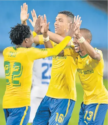  ?? Picture: LEFTY SHIVAMBU/GALLO IMAGES ?? IN THE BAG: Sibusiso Vilakazi, of Mamelodi Sundowns, celebrates his goal during the Caf Champions League match against Rayon Sports at the Lucas Moripe Stadium in Pretoria last night