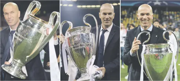  ?? Pictures: AFP ?? HAT-TRICK. Frenchman Zinedine Zidane holding the Uefa Champions League trophy after winning the final as Real Madrid coach in 2016 (left), 2017 and 2018.