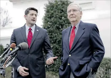  ?? Pablo Martinez Monsivais Associated Press ?? HOUSE SPEAKER Paul D. Ryan (R-Wis.), left, and Senate Majority Leader Mitch McConnell (R-Ky.) have suggested that Congress could send President Trump healthcare legislatio­n as early as this month.