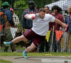  ?? STUART CAHILL — BOSTON HERALD ?? Jacob Cookinham, of Bishop Stang, warms up at the Meet of Champions held at Fitchburg State College on June 3, 2023in , Fitchburg, MA.