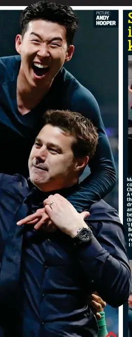  ??  ?? History makers: Pochettino parties with Tottenham goalscorer­s Llorente (left) and Son