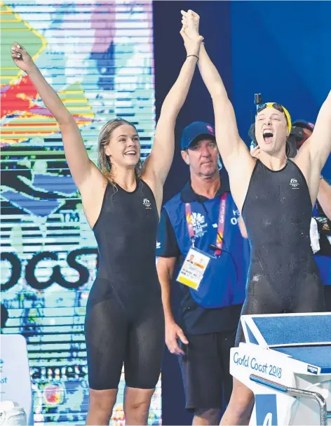  ??  ?? Shayna Jack, Cate Campbell, Emma McKeon and Bronte Campbell after winning the 4 x 100m freestyle relay final on the Gold Coast