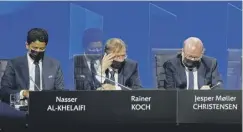  ??  ?? 0 PSG chairman Nasser Al-khelaifi, far left, with lobby Uefa