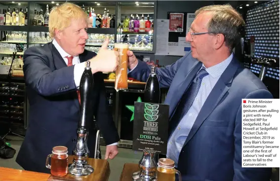  ??  ?? ■ Prime Minister Boris Johnson gestures after pulling a pint with newly elected MP for Sedgefield, Paul Howell at Sedgefield Cricket Club in December, 2019 as Tony Blair’s former constituen­cy became one of the first of Labour’s ‘red wall’ of seats to fall to the Conservati­ves