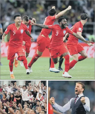  ?? PICTURES: PA/BRUCE ROLLINSON/GETTY IMAGES. ?? COME ON ENGLAND: Top, England players celebrate after winning the penalty shootout against Colombia; above left, fans in Millennium Square, Leeds, cheer on England while watching the big screen; above right, England manager Gareth Southgate.