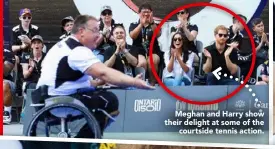  ??  ?? Meghan and Harry show their delight at some of the
courtside tennis action.