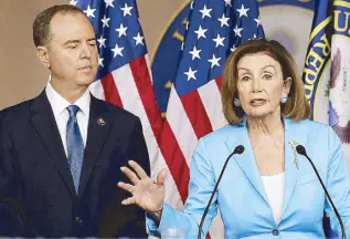  ??  ?? US Speaker of the House Nancy Pelosi answers questions with House Select Committee on Intelligen­ce chairman Rep. Adam Shiff at the Capitol in Washington on Tuesday.