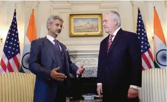  ??  ?? WASHINGTON: Secretary of State Rex Tillerson (right) stands with Indian Foreign Secretary Subrahmany­am Jaishankar at the State Department in Washington on Friday, March 3, 2017. — AP