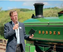  ??  ?? Left: Anthony Coulls addressing the audience at the launch of Horden. TR
Right: Peter Weightman (left), from the Tanfield Railway, and the chairman of Horden Parish Council, Bill Morrow, with Horden and an image taken when the locomotive was completed in 1904. TR