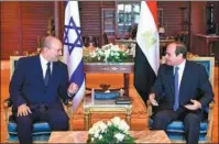  ?? EGYPTIAN PRESIDENCY / AFP ?? Israeli Prime Minister Naftali Bennett (left) talks with Egyptian President Abdel Fattah al-Sisi in the Red Sea resort town of Sharm elSheikh on Monday.