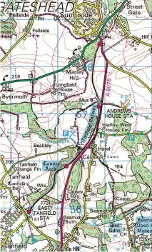  ?? CROWN COPYRIGHT 2020 ORDNANCE SURVEY.
MEDIA 050/20 ?? An OS map showing the route of the Tanfield Railway. ©