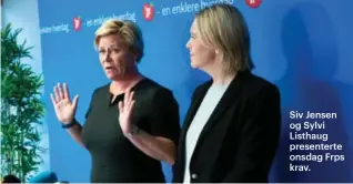  ??  ?? Siv Jensen og Sylvi Listhaug presentert­e onsdag Frps krav.