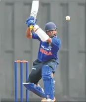  ?? AFP ?? Prithvi Shaw plays a shot during the warm up cricket match against New Zealand in Mumbai on Tuesday.