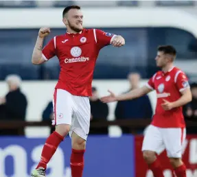  ??  ?? David Cawley celebrates as he scores Rovers’ winner against Waterford. Pic: Oliver McVeigh/Sportsfile