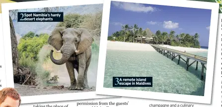  ??  ?? 2 Spot Namibia’s hardy desert elephants 3 A remote island escape in Maldives champagne and a culinary gift on arrival. inspiringt­ravelcompa­ny. co.uk, 0044 01244 432406