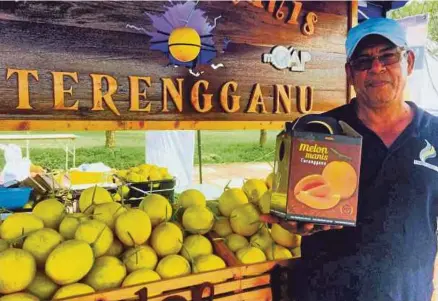 ??  ?? Sidik menunjukka­n buah Melon Manis Terengganu yang dijual dengan pembungkus­an menarik dan mempunyai nilai komersial.