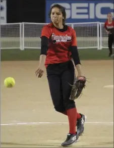  ?? PHOTO COURTESY OF RENEE BAKER ?? Dylann Baker delivers a pitch for the 14-U San Diego Renegades-Haessly during a tournament.