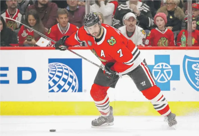  ?? JONATHAN DANIEL/GETTY IMAGES ?? At 35, Brent Seabrook has a contract that carries a $6.875 million cap hit the next four seasons and is heavy on promised annual signing bonuses. The Hawks also can’t trade him without his permission before 2022.