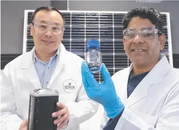  ??  ?? BREAKTHROU­GH: Deakin researcher­s Professor Ying Chen and Dr Md Mokhlesur Rahman have found a way to extract and repurpose a highly expensive product from waste solar panels.