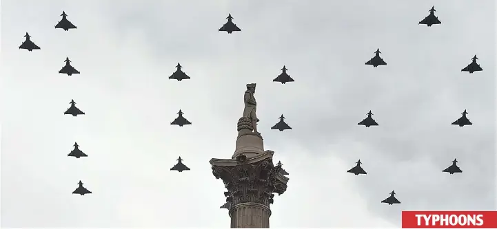  ??  ?? Military history: Even Lord Nelson on his column in Trafalgar Square can’t turn a blind eye to the brilliance of the pilots in this 100-aircraft RAF centenary fly-past TYPHOONS