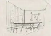  ??  ?? A sinistra, schizzi di studio della zona pranzo e del soggiorno di Casa Negroni. Left, study sketch of the dining-room and living-room of Casa Negroni.