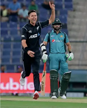  ??  ?? Trent Boult celebrates after dismissing Pakistan’s Fakhar Zaman. — Photo by Ryan Lim