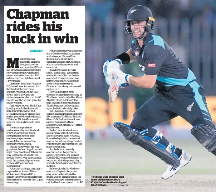  ?? Photo / AP ?? The Black Caps shocked their hosts off the back of Mark Chapman’s unbeaten innings of 87 off 42 balls.
