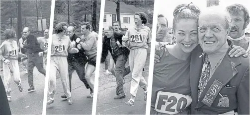  ??  ?? Jock Semple tackles Kathrine Switzer at the 1967 Boston Marathon before her boyfriend at the time, Tom Miller, runs interferen­ce. The pair, pictured at the start of the 1973 race, later became friends