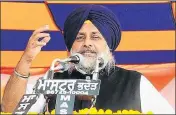  ?? SANJEEV KUMAR/HT ?? SAD president Sukhbir Singh Badal addressing a rally at Bhai Rupa village near Bathinda on Friday.