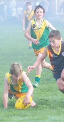  ??  ?? Garfield’s Isaac Braaksma gathers the ball under pressure from Longwarry opponent Liam Kirkman during the under 12 match; Photograph­s: Tom Elton