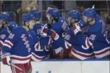  ?? MARY ALTAFFER — THE ASSOCIATED PRESS ?? New York Rangers left wing Jimmy Vesey (26) celebrates scoring a goal during the first period of an NHL hockey game against the Washington Capitals, Saturday, Nov. 24, 2018, at Madison Square Garden in New York.