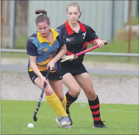  ?? Picture: SIMON KING ?? IN CONTROL: Nhill’s Kendra Clark controls the ball in front of Horsham opponent Sophie Schwarz.