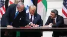  ??  ?? Netanyahu (left), Trump (center) and the UAE crown prince signed the Abraham Accords in September