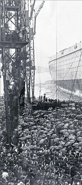  ??  ?? A poster from the 1930s Hats, umbrellas and high-climbing spectators in the massive crowd as King George V and Queen Mary launch ship, above, before it eases down slipway, left