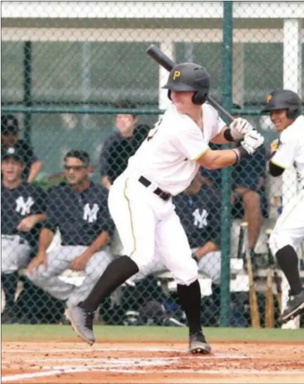  ?? WILBUR MILLER — PIRATES PROSPECTS ?? Pat Dorrian batting with the Gulf Coast League Pirates.