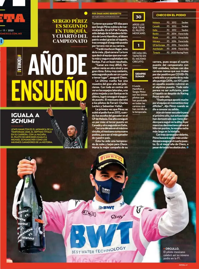  ?? FOTOS: ?? ORGULLO.
El piloto mexicano celebró así su noveno podio en la F1.