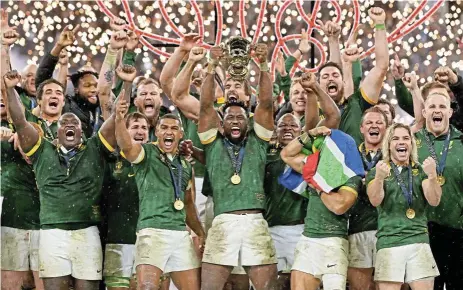  ?? /Dan Mullan/Getty Images ?? Bokke!: Captain Siya Kolisi lifts the Webb Ellis Cup as the Springboks celebrate winning the 2023 Rugby World Cup final against the All Blacks at Stade de France in Paris, on October 28 2023.