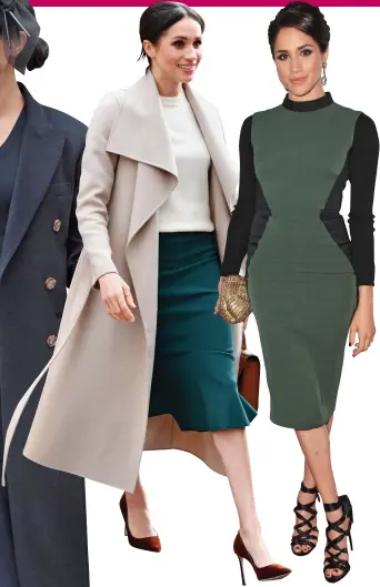  ??  ?? Showing her support: Meghan wears head-to-toe Victoria Beckham on Christmas Day (left) and (above, from left) a sweater in Belfast last year and a dress in New York in 2013