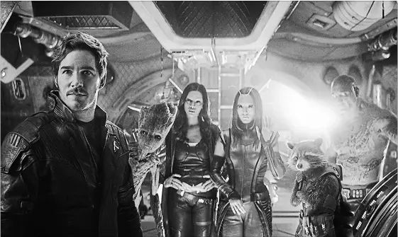  ?? MARVEL STUDIOS ?? The Guardians of the Galaxy — Star Lord (Chris Pratt), Groot (voice of Vin Diesel), Gamora (Zoe Saldana), Mantis (Pom Klementief­f), Rocket (voice of Bradley Cooper) and Drax (Dave Bautista).