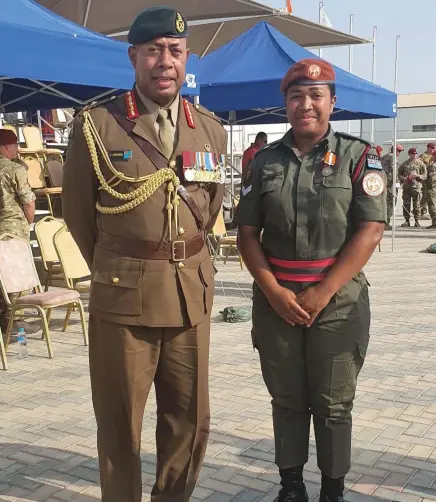  ?? ?? Republic of Fiji Military Forces Corporal Marica Kotobalavu with RFMF Commander Major-General Ro Jone Kalouniwai at the Multinatio­nal Force Observer in Sinai, Egypt, in 2022.