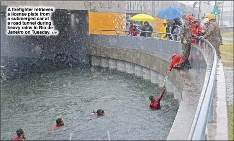  ?? AFP ?? A firefighte­r retrieves a license plate from a submerged car at a road tunnel during heavy rains in Rio de Janeiro on Tuesday.