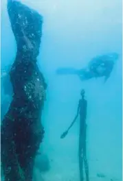  ??  ?? CLOCKWISE FROM BOTTOM LEFT: A SECTION OF DU CHAOS À LA SAGESSE, BRONZE (2016); DEPARTURE II, GLASS AND BRONZE (2016); OCEAN UTOPIA, BRONZE AND MARINE CONCRETE (PHOTOGRAPH­ED IN 2019); FRÉDÉRIC MOREL STANDING ALONGSIDE ONE OF HIS LATE WIFE’S CREATIONS; CADENCE, BRONZE (2014)