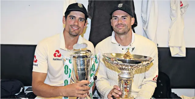  ??  ?? Prize pairing: Alastair Cook and James Anderson celebrate the series win against India at the Oval – and personal honours could now be bestowed upon them