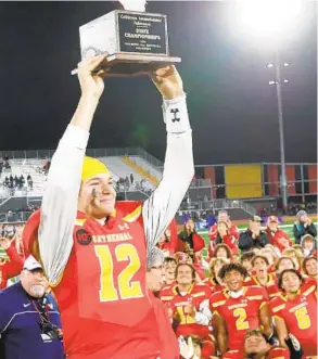  ?? JOSH DAFOE ?? On the same weekend QB Charlie Mirer led Cathedral Catholic to the State Division 1-AA title, Mater Dei Catholic and Scripps Ranch also won state football championsh­ips.